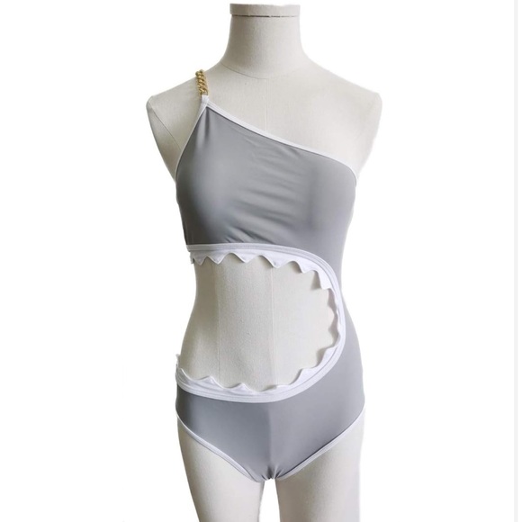 Gray Shark Bite White Teeth Open Side Bathing Suit One-Shoulder Swimsuit Gold S - Picture 3 of 11